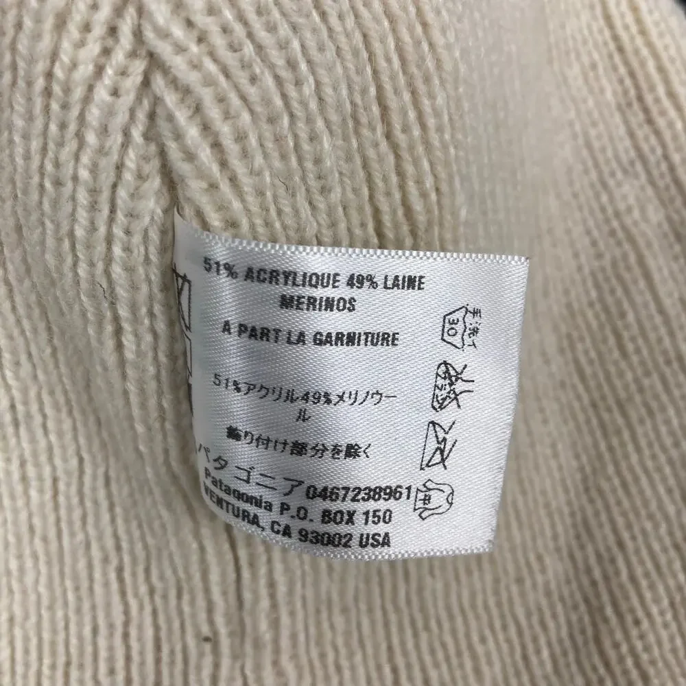 Patagonia Cable Knit Wool Blend Ear Flap Beanie Women Cream Chin Straps Pom Pom